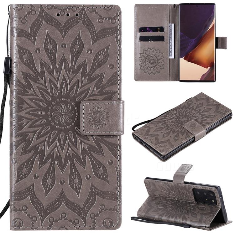 Embossing Sunflower Leather Wallet Case for Samsung Galaxy Note 20 Ultra - Gray