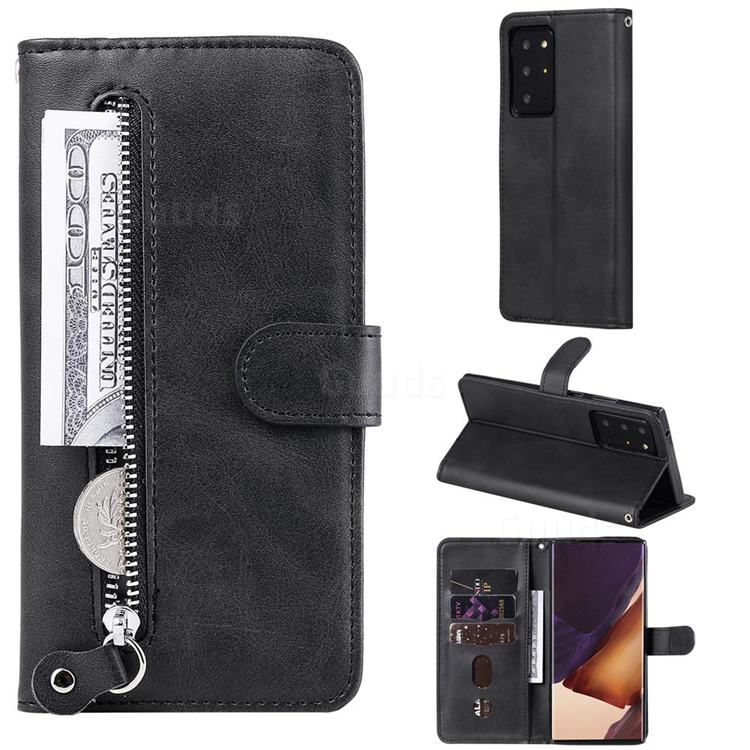 Retro Luxury Zipper Leather Phone Wallet Case for Samsung Galaxy Note 20 Ultra - Black