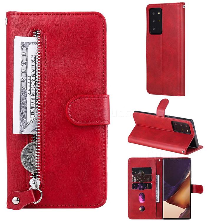 Retro Luxury Zipper Leather Phone Wallet Case for Samsung Galaxy Note 20 Ultra - Red