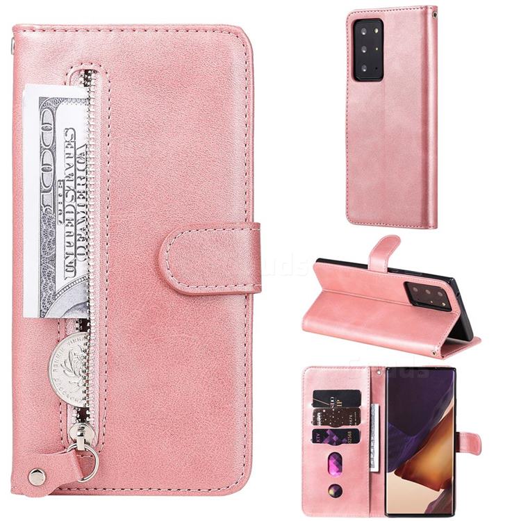 Retro Luxury Zipper Leather Phone Wallet Case for Samsung Galaxy Note 20 Ultra - Pink