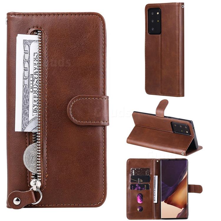 Retro Luxury Zipper Leather Phone Wallet Case for Samsung Galaxy Note 20 Ultra - Brown