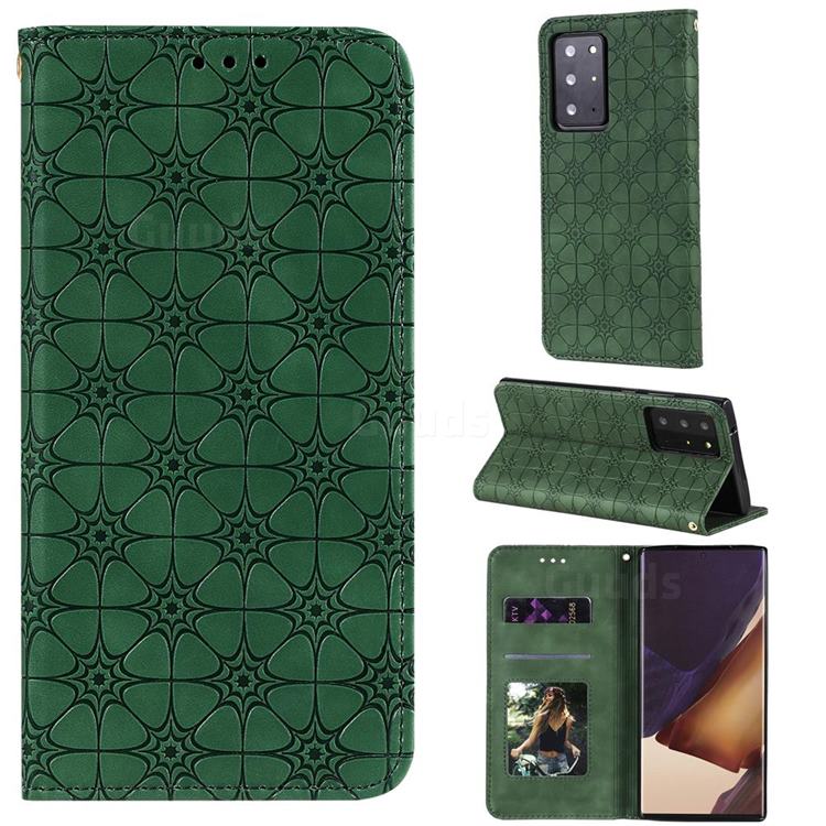 Intricate Embossing Four Leaf Clover Leather Wallet Case for Samsung Galaxy Note 20 Ultra - Blackish Green