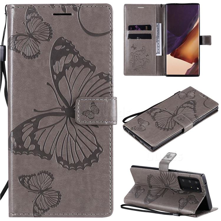 Embossing 3D Butterfly Leather Wallet Case for Samsung Galaxy Note 20 Ultra - Gray