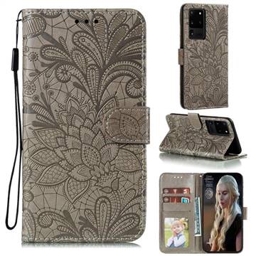 Intricate Embossing Lace Jasmine Flower Leather Wallet Case for Samsung Galaxy Note 20 Ultra - Gray