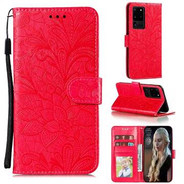 Intricate Embossing Lace Jasmine Flower Leather Wallet Case for Samsung Galaxy Note 20 Ultra - Red