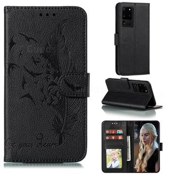 Intricate Embossing Lychee Feather Bird Leather Wallet Case for Samsung Galaxy Note 20 Ultra - Black