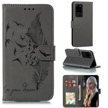 Intricate Embossing Lychee Feather Bird Leather Wallet Case for Samsung Galaxy Note 20 Ultra - Gray