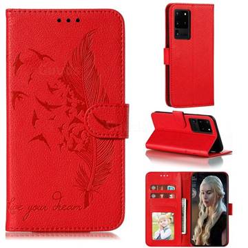 Intricate Embossing Lychee Feather Bird Leather Wallet Case for Samsung Galaxy Note 20 Ultra - Red