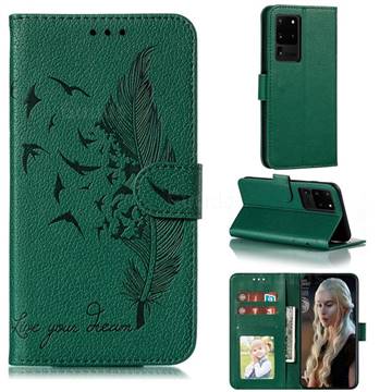 Intricate Embossing Lychee Feather Bird Leather Wallet Case for Samsung Galaxy Note 20 Ultra - Green