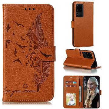 Intricate Embossing Lychee Feather Bird Leather Wallet Case for Samsung Galaxy Note 20 Ultra - Brown