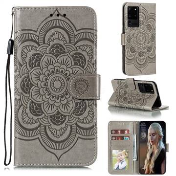 Intricate Embossing Datura Solar Leather Wallet Case for Samsung Galaxy Note 20 Ultra - Gray
