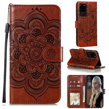 Intricate Embossing Datura Solar Leather Wallet Case for Samsung Galaxy Note 20 Ultra - Brown