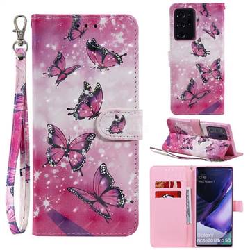 Pink Butterfly 3D Painted Leather Wallet Phone Case for Samsung Galaxy Note 20 Ultra