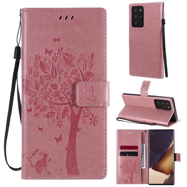 Embossing Butterfly Tree Leather Wallet Case for Samsung Galaxy Note 20 Ultra - Pink
