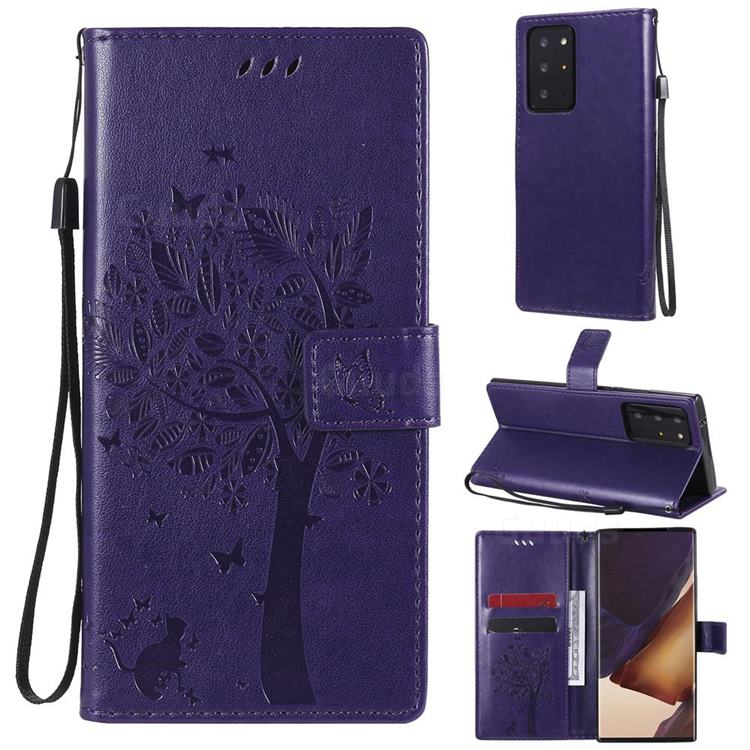 Embossing Butterfly Tree Leather Wallet Case for Samsung Galaxy Note 20 Ultra - Purple