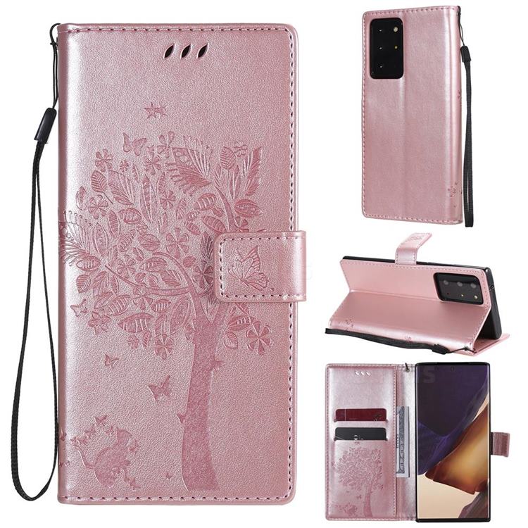 Embossing Butterfly Tree Leather Wallet Case for Samsung Galaxy Note 20 Ultra - Rose Pink