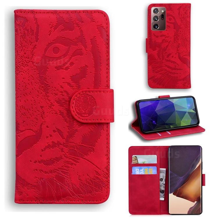 Intricate Embossing Tiger Face Leather Wallet Case for Samsung Galaxy Note 20 Ultra - Red