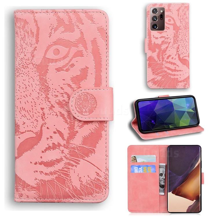 Intricate Embossing Tiger Face Leather Wallet Case for Samsung Galaxy Note 20 Ultra - Pink