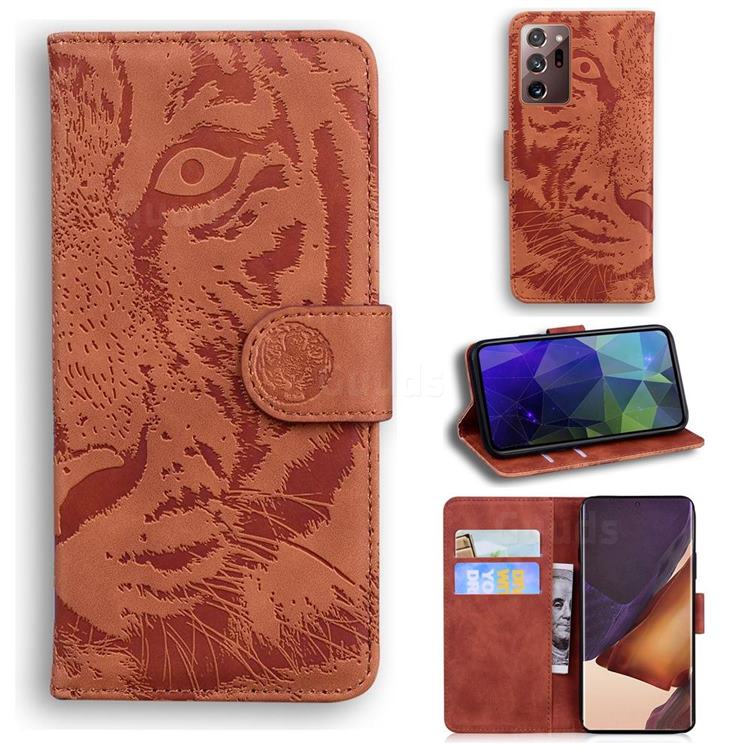 Intricate Embossing Tiger Face Leather Wallet Case for Samsung Galaxy Note 20 Ultra - Brown