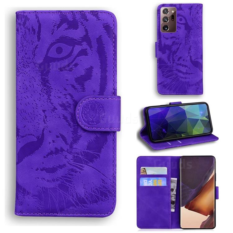 Intricate Embossing Tiger Face Leather Wallet Case for Samsung Galaxy Note 20 Ultra - Purple