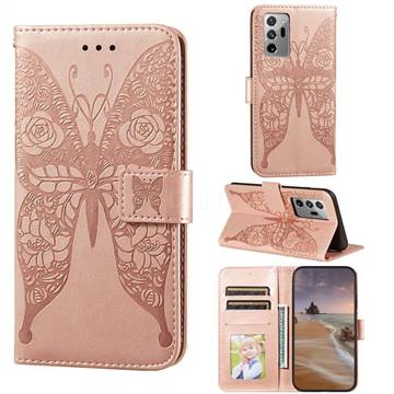Intricate Embossing Rose Flower Butterfly Leather Wallet Case for Samsung Galaxy Note 20 Ultra - Rose Gold