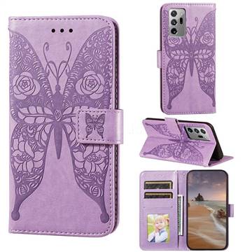 Intricate Embossing Rose Flower Butterfly Leather Wallet Case for Samsung Galaxy Note 20 Ultra - Purple