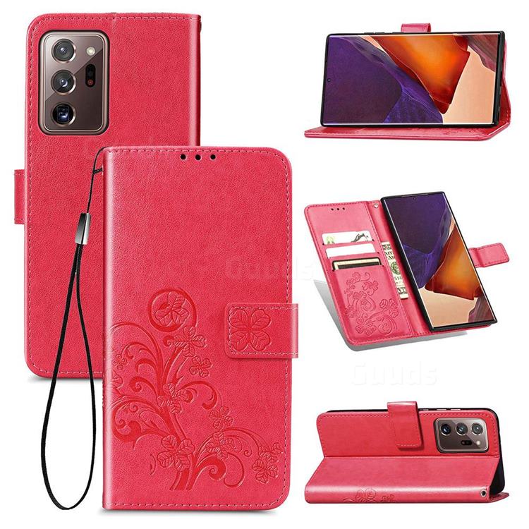Embossing Imprint Four-Leaf Clover Leather Wallet Case for Samsung Galaxy Note 20 Ultra - Rose Red
