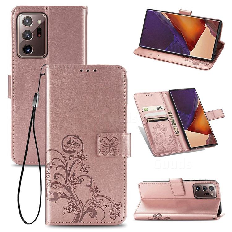Embossing Imprint Four-Leaf Clover Leather Wallet Case for Samsung Galaxy Note 20 Ultra - Rose Gold