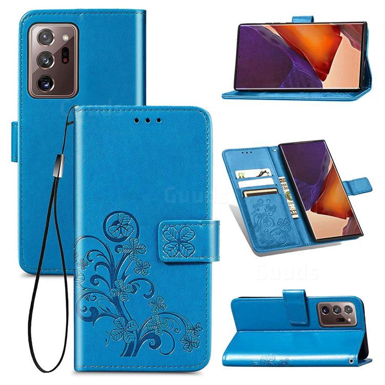 Embossing Imprint Four-Leaf Clover Leather Wallet Case for Samsung Galaxy Note 20 Ultra - Blue