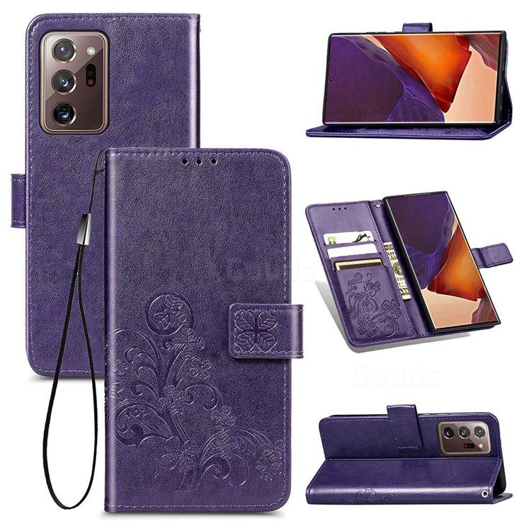 Embossing Imprint Four-Leaf Clover Leather Wallet Case for Samsung Galaxy Note 20 Ultra - Purple