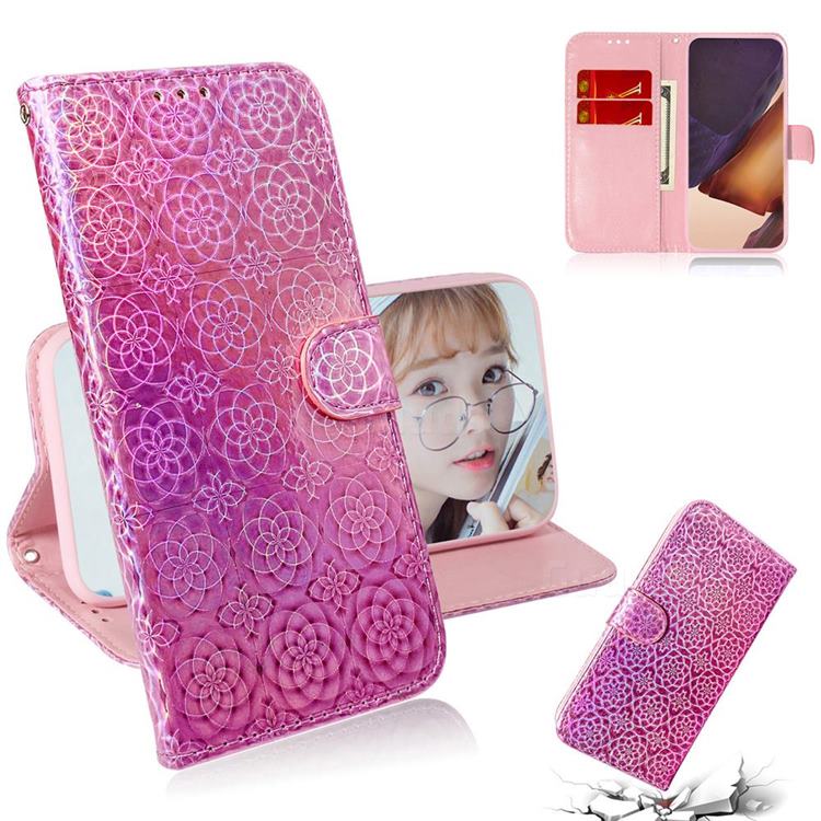 Laser Circle Shining Leather Wallet Phone Case for Samsung Galaxy Note 20 Ultra - Pink
