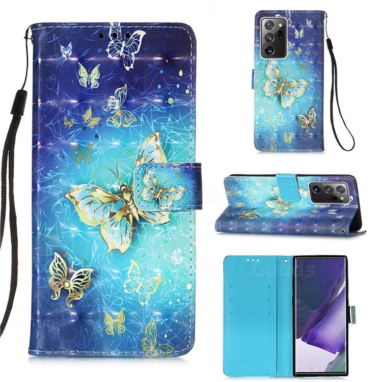 Gold Butterfly 3D Painted Leather Wallet Case for Samsung Galaxy Note 20 Ultra