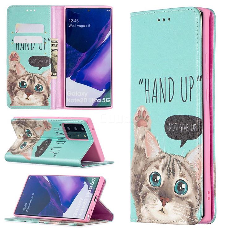 Hand Up Cat Slim Magnetic Attraction Wallet Flip Cover for Samsung Galaxy Note 20 Ultra
