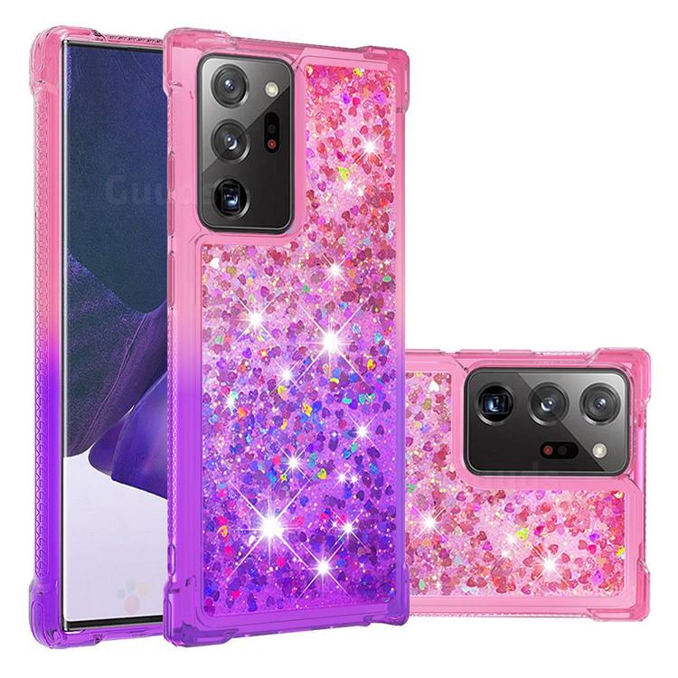 Rainbow Gradient Liquid Glitter Quicksand Sequins Phone Case for Samsung Galaxy Note 20 Ultra - Pink Purple