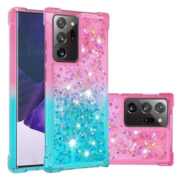 Rainbow Gradient Liquid Glitter Quicksand Sequins Phone Case for Samsung Galaxy Note 20 Ultra - Pink Blue