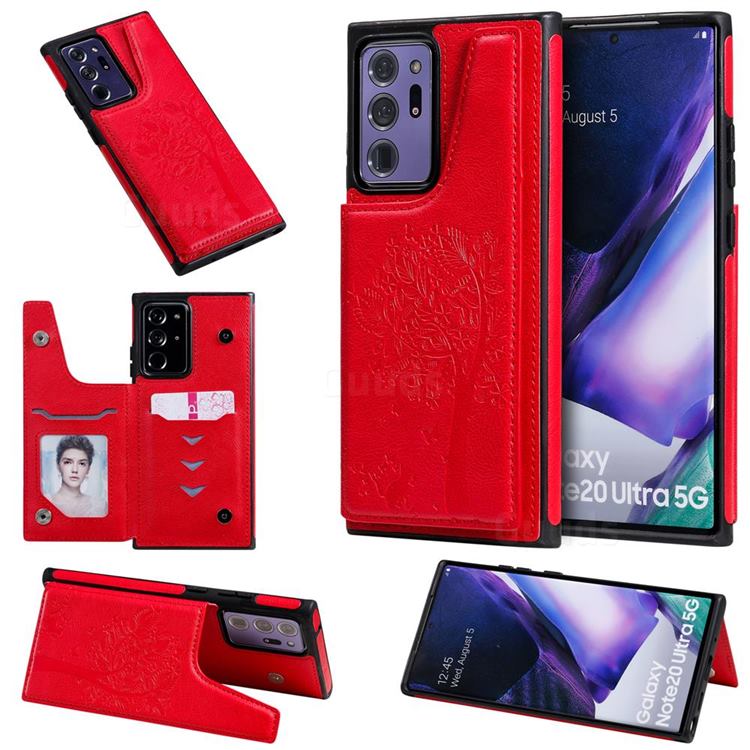 Luxury Tree and Cat Multifunction Magnetic Card Slots Stand Leather Phone Back Cover for Samsung Galaxy Note 20 Ultra - Red