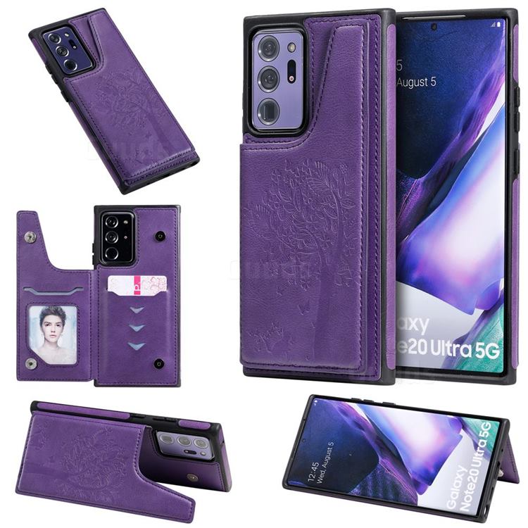 Luxury Tree and Cat Multifunction Magnetic Card Slots Stand Leather Phone Back Cover for Samsung Galaxy Note 20 Ultra - Purple