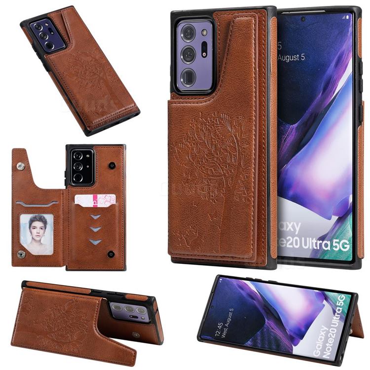 Luxury Tree and Cat Multifunction Magnetic Card Slots Stand Leather Phone Back Cover for Samsung Galaxy Note 20 Ultra - Brown