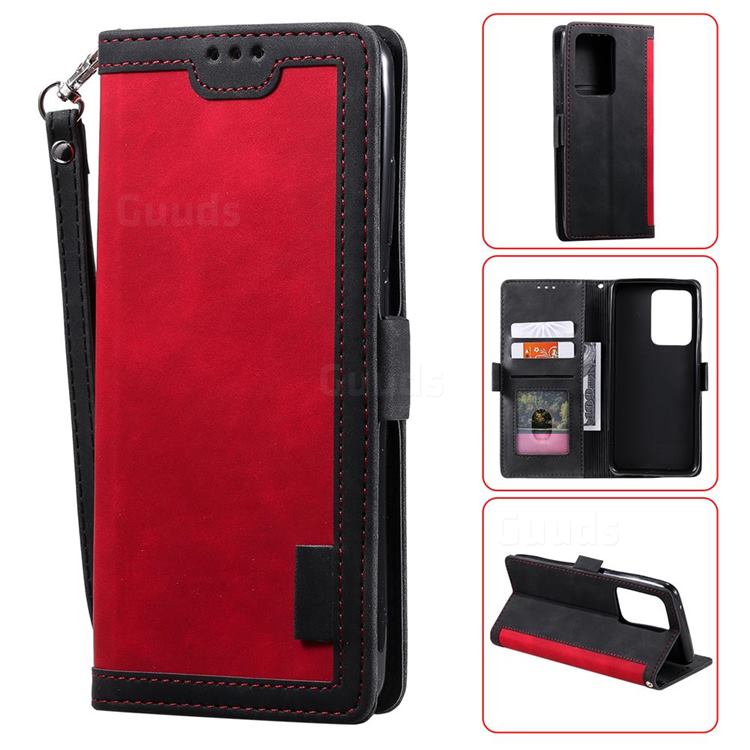Luxury Retro Stitching Leather Wallet Phone Case for Samsung Galaxy Note 20 Ultra - Deep Red