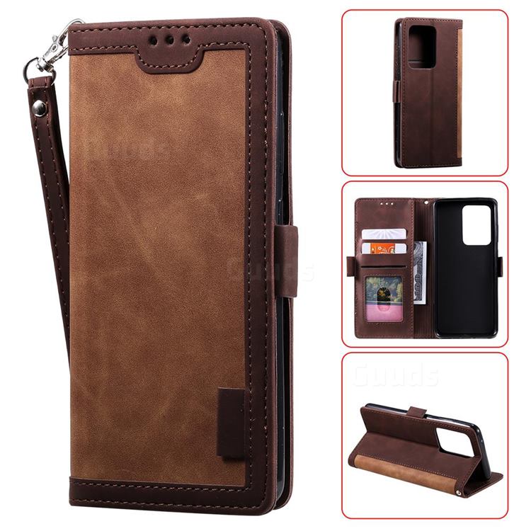 Luxury Retro Stitching Leather Wallet Phone Case for Samsung Galaxy Note 20 Ultra - Dark Brown