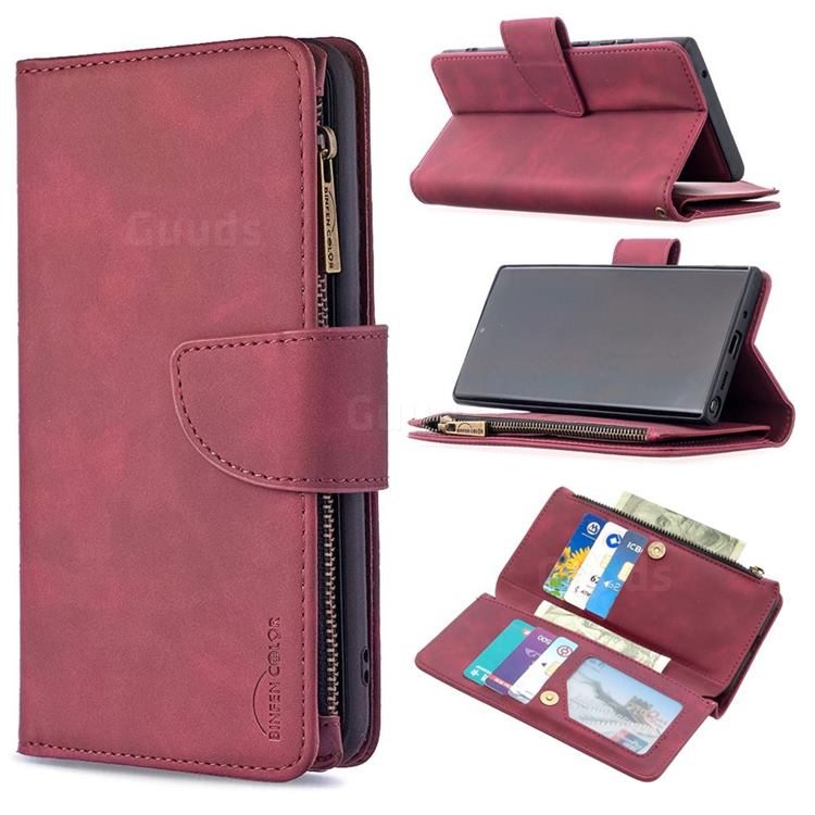 Binfen Color BF02 Sensory Buckle Zipper Multifunction Leather Phone Wallet for Samsung Galaxy Note 20 Ultra - Red Wine