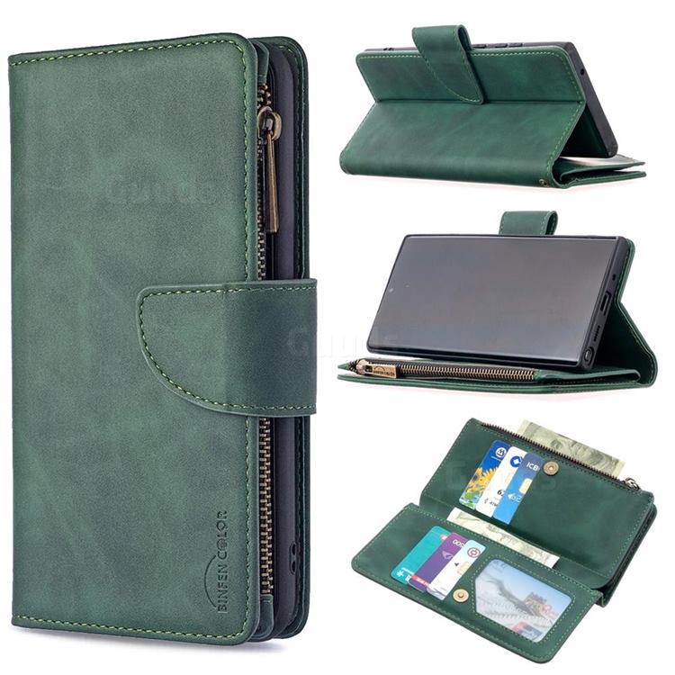 Binfen Color BF02 Sensory Buckle Zipper Multifunction Leather Phone Wallet for Samsung Galaxy Note 20 Ultra - Dark Green