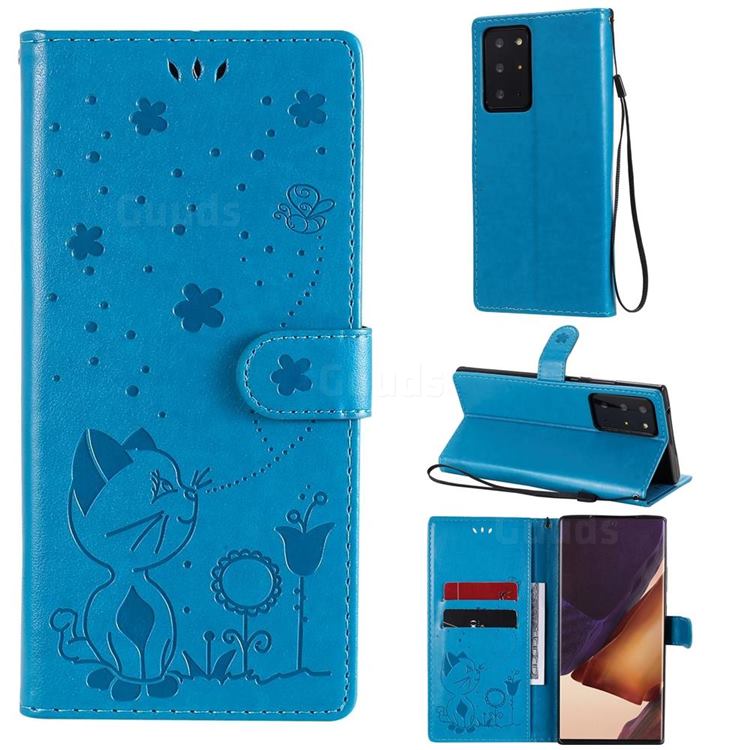 Embossing Bee and Cat Leather Wallet Case for Samsung Galaxy Note 20 Ultra - Blue