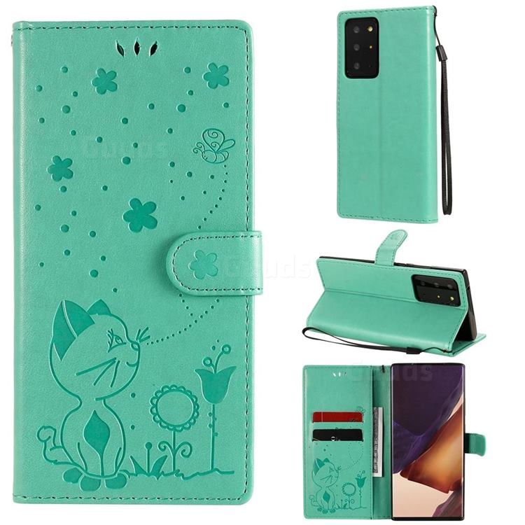 Embossing Bee and Cat Leather Wallet Case for Samsung Galaxy Note 20 Ultra - Green
