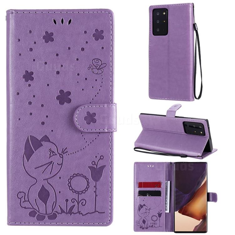 Embossing Bee and Cat Leather Wallet Case for Samsung Galaxy Note 20 Ultra - Purple