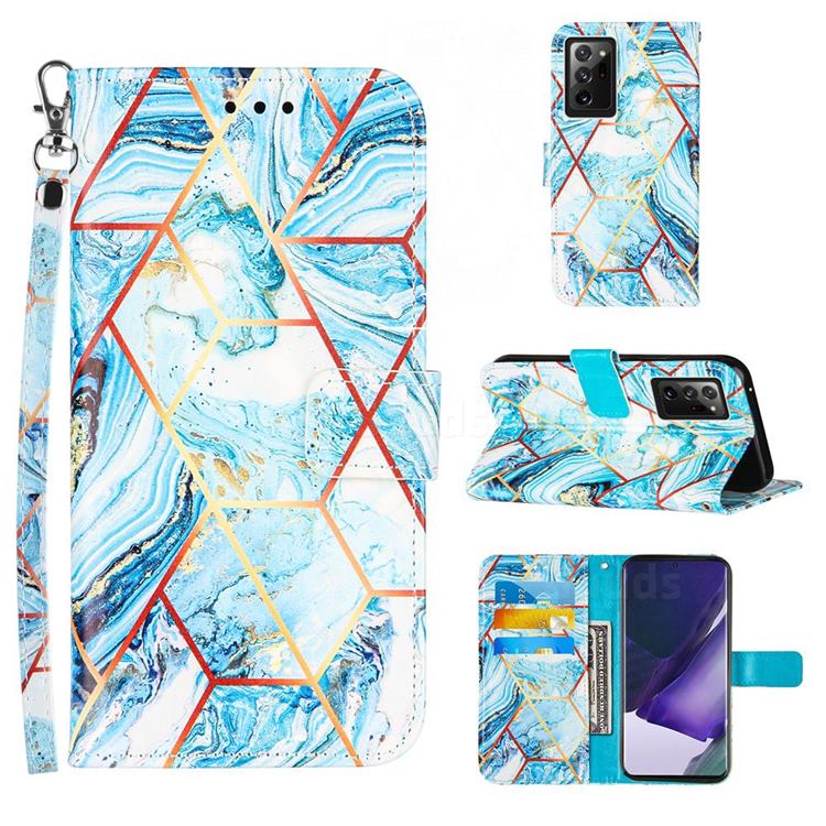 Lake Blue Stitching Color Marble Leather Wallet Case for Samsung Galaxy Note 20 Ultra