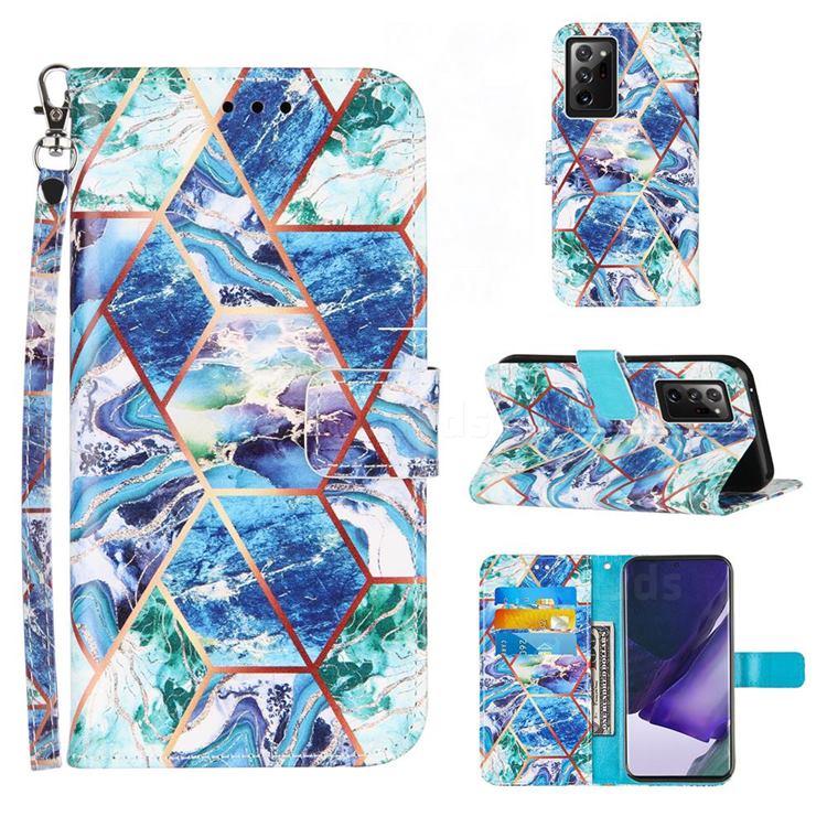 Green and Blue Stitching Color Marble Leather Wallet Case for Samsung Galaxy Note 20 Ultra