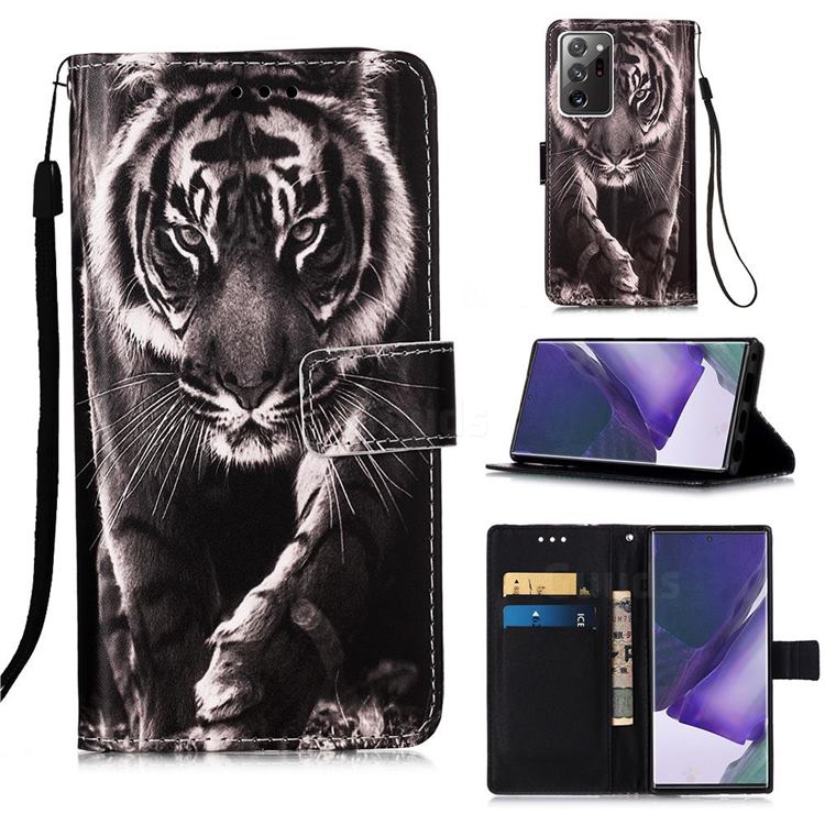 Black and White Tiger Matte Leather Wallet Phone Case for Samsung Galaxy Note 20 Ultra