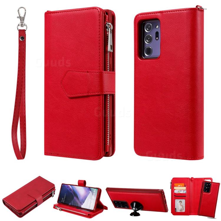 Retro Luxury Multifunction Zipper Leather Phone Wallet for Samsung Galaxy Note 20 Ultra - Red