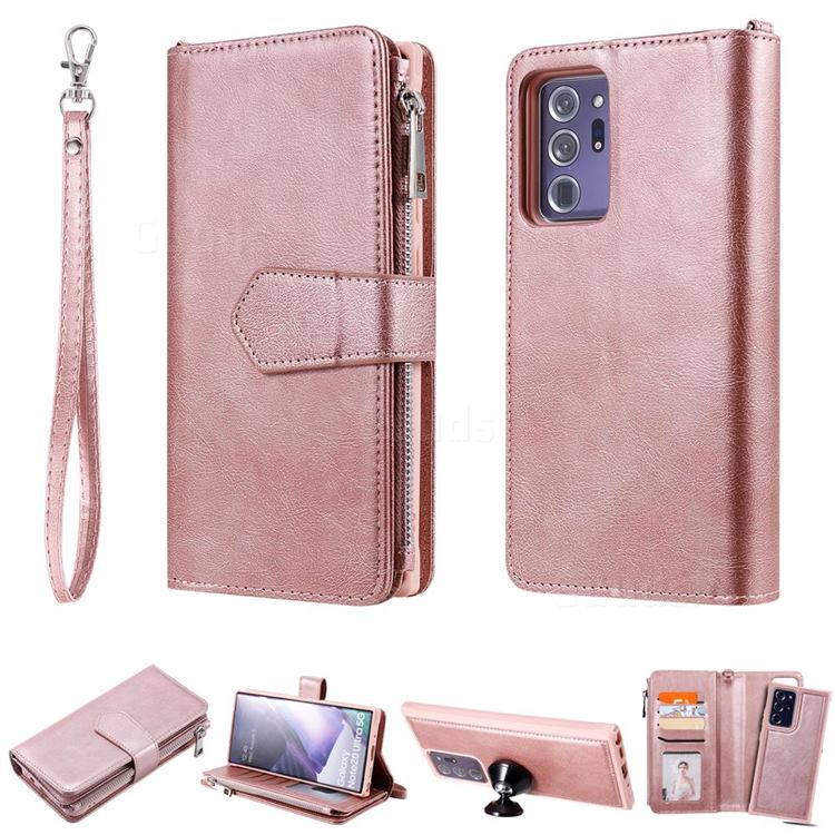 Retro Luxury Multifunction Zipper Leather Phone Wallet for Samsung Galaxy Note 20 Ultra - Rose Gold